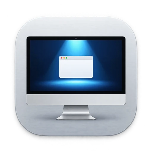 Ícone do Reprise: um iMac de alumínio com a tela acesa por um refletor ciano.