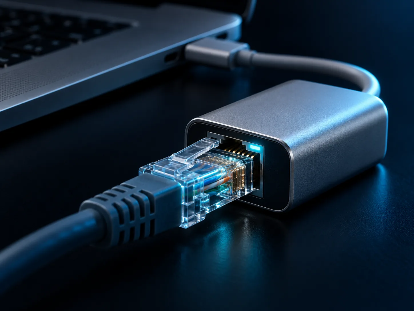 Cabo de rede encaixado num adaptador USB-C para Ethernet ligado ao notebook.