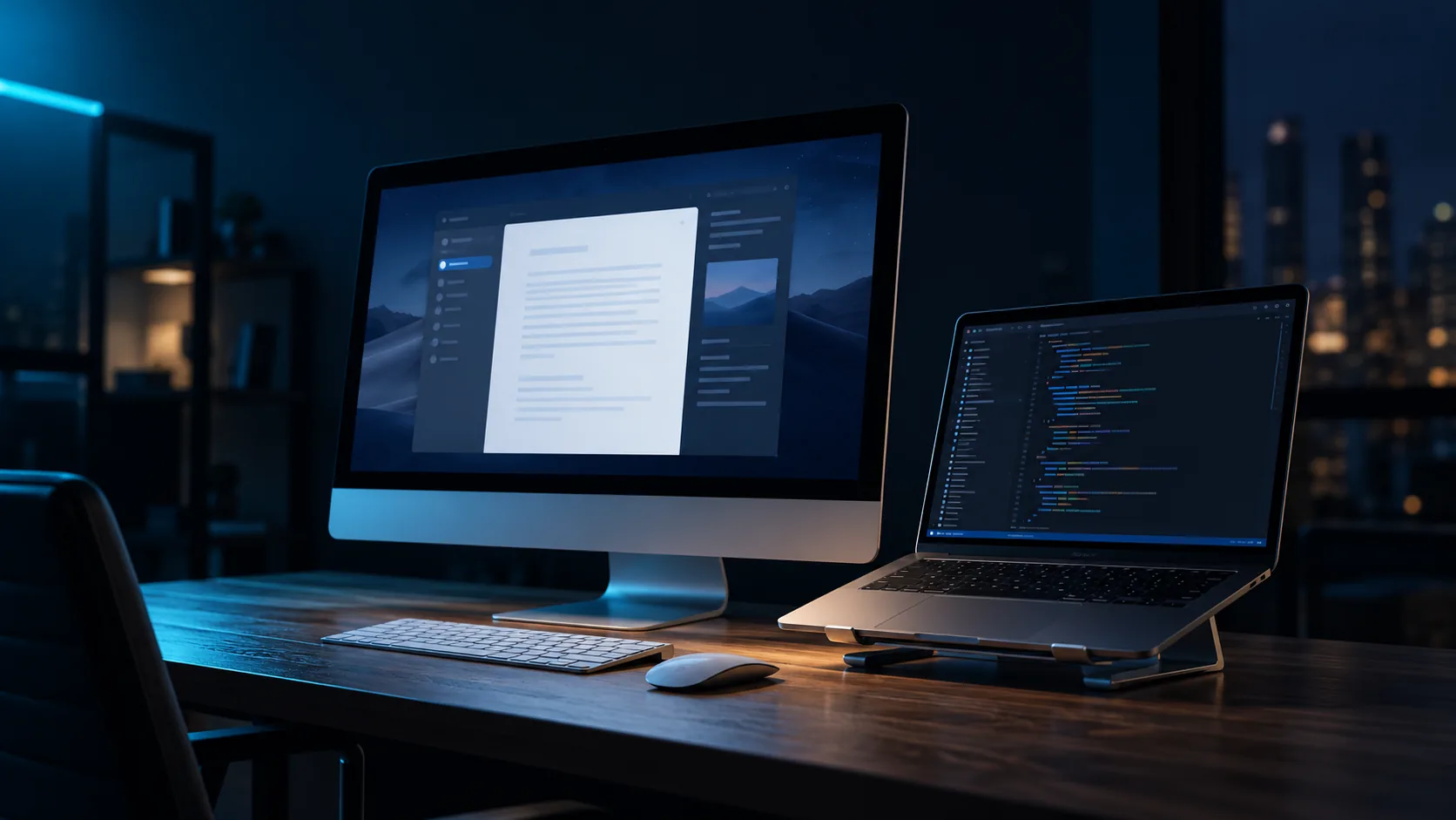 Mesa à noite: um iMac antigo servindo de segunda tela ao lado de um notebook num suporte.
